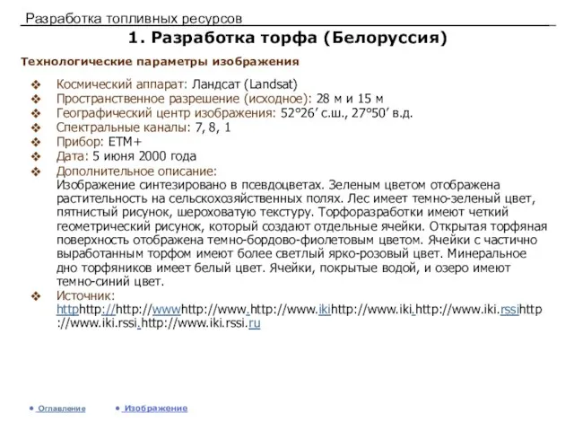 Разработка топливных ресурсов 1. Разработка торфа (Белоруссия) Космический аппарат: Ландсат (Landsat) Пространственное