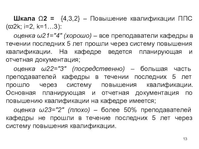 Шкала Ω2 = {4,3,2} – Повышение квалификации ППС (ϖ2k; i=2, k=1…3): оценка