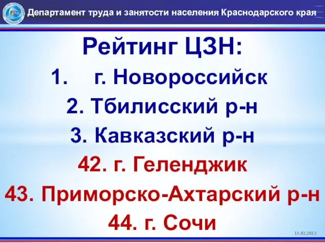 Департамент труда и занятости населения Краснодарского края 13.02.2012