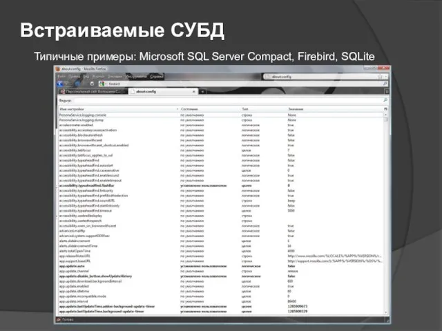 Встраиваемые СУБД Типичные примеры: Microsoft SQL Server Compact, Firebird, SQLite