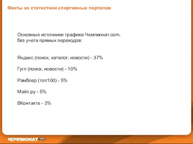 Основные источники трафика Чемпионат.com, без учета прямых переходов: Яндекс (поиск, каталог, новости)