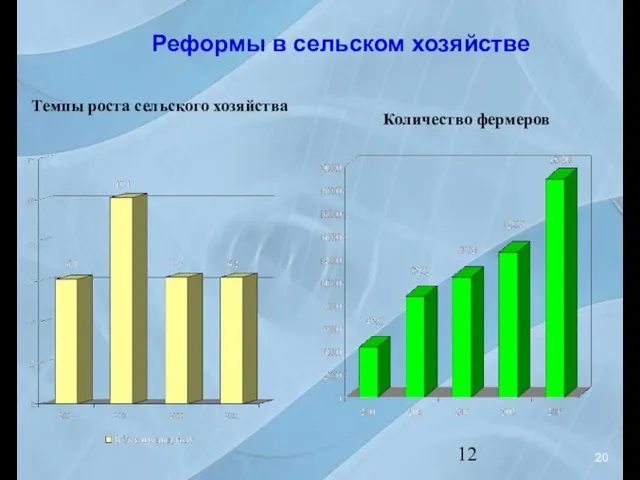 Темпы роста сельского хозяйства 20 Количество фермеров Реформы в сельском хозяйстве