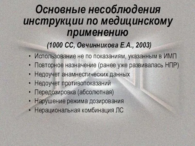 Основные несоблюдения инструкции по медицинскому применению (1000 СС, Овчинникова Е.А., 2003) Использование