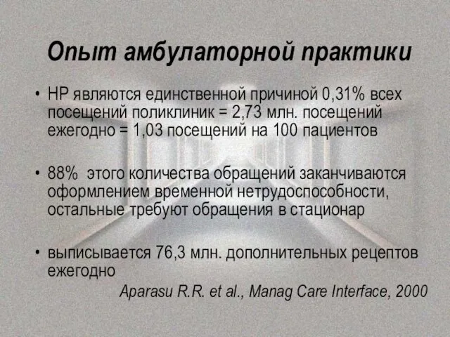 Опыт амбулаторной практики НР являются единственной причиной 0,31% всех посещений поликлиник =