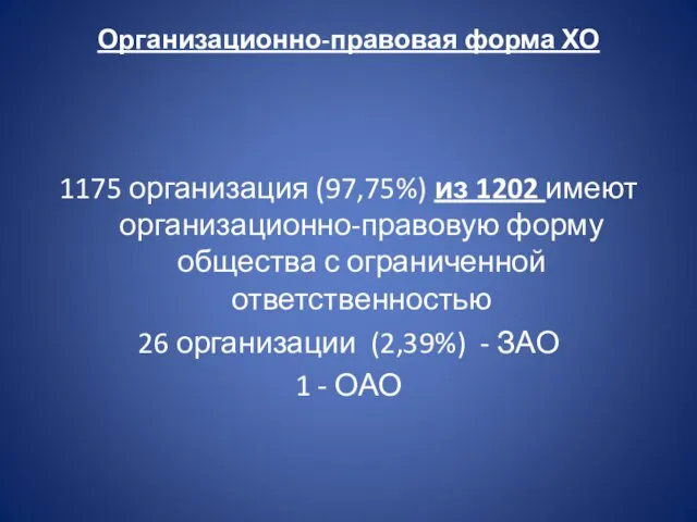 Организационно-правовая форма ХО 1175 организация (97,75%) из 1202 имеют организационно-правовую форму общества