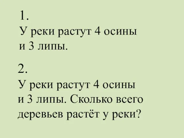 1. У реки растут 4 осины и 3 липы. 2. У реки