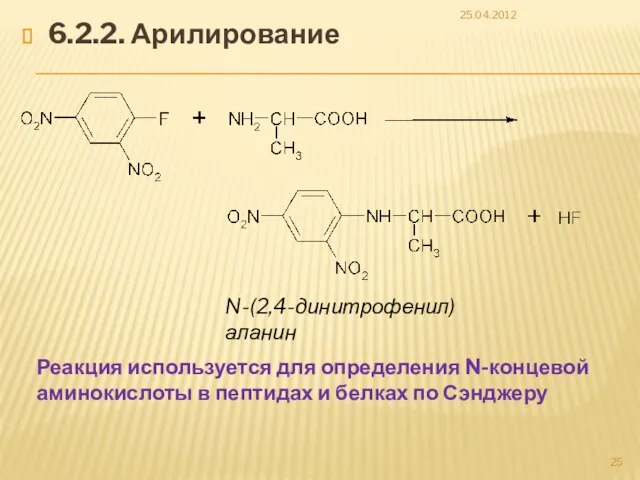 6.2.2. Арилирование 25.04.2012 N-(2,4-динитрофенил)аланин Реакция используется для определения N-концевой аминокислоты в пептидах и белках по Сэнджеру