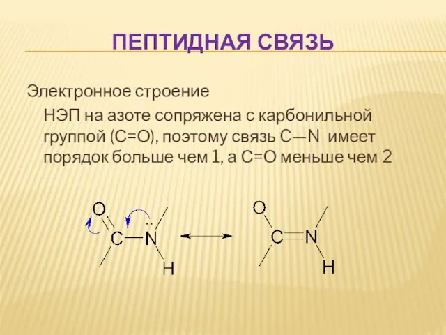 ПЕПТИДНАЯ СВЯЗЬ Электронное строение НЭП на азоте сопряжена с карбонильной группой (С=О),