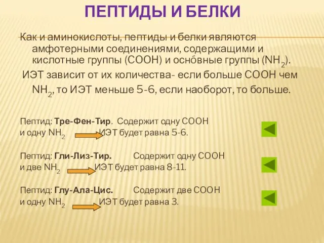 ПЕПТИДЫ И БЕЛКИ Как и аминокислоты, пептиды и белки являются амфотерными соединениями,