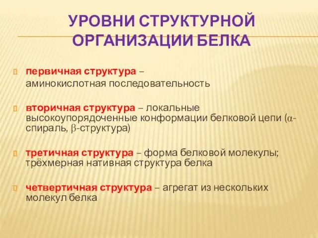 УРОВНИ СТРУКТУРНОЙ ОРГАНИЗАЦИИ БЕЛКА первичная структура – аминокислотная последовательность вторичная структура –