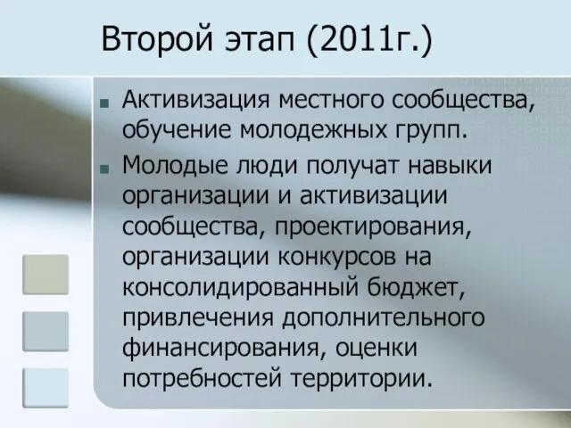 Второй этап (2011г.) Активизация местного сообщества, обучение молодежных групп. Молодые люди получат