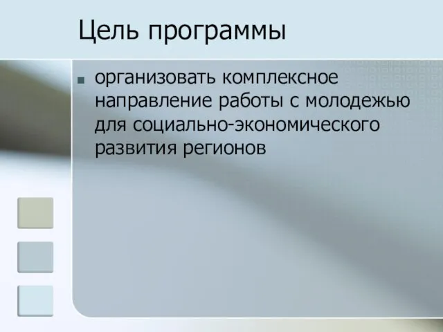 Цель программы организовать комплексное направление работы с молодежью для социально-экономического развития регионов