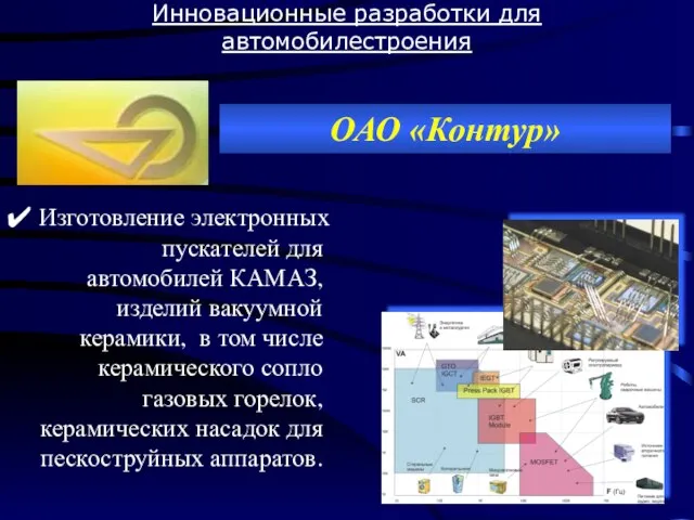 Инновационные разработки для автомобилестроения ОАО «Контур» Изготовление электронных пускателей для автомобилей КАМАЗ,