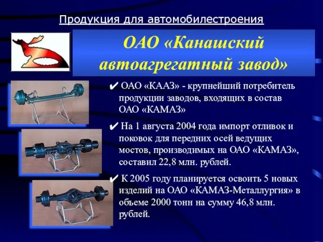 Продукция для автомобилестроения ОАО «Канашский автоагрегатный завод» ОАО «КААЗ» - крупнейший потребитель