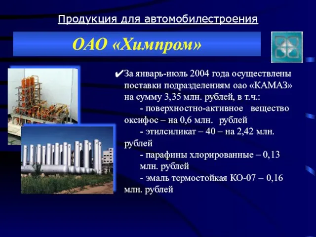 Продукция для автомобилестроения ОАО «Химпром» За январь-июль 2004 года осуществлены поставки подразделениям