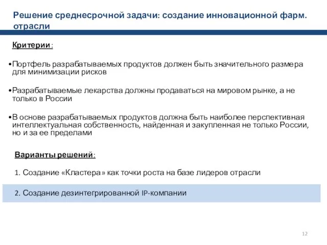 Решение среднесрочной задачи: создание инновационной фарм.отрасли Критерии: Портфель разрабатываемых продуктов должен быть