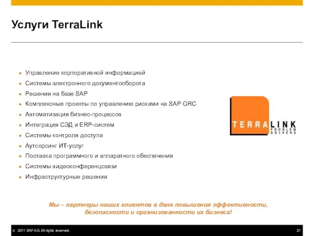 Услуги TerraLink Мы – партнеры наших клиентов в деле повышения эффективности, безопасности