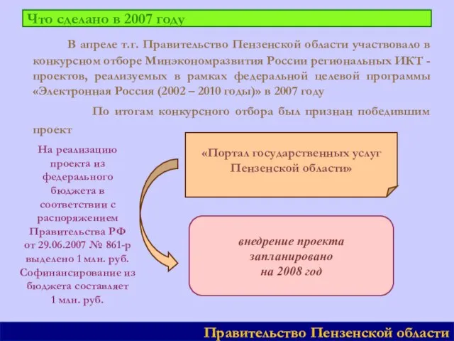 В апреле т.г. Правительство Пензенской области участвовало в конкурсном отборе Минэкономразвития России