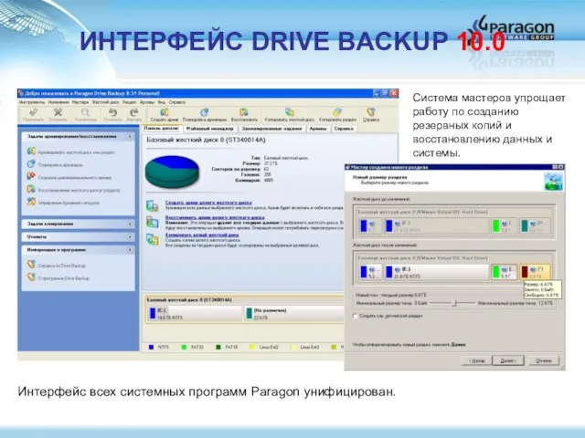 ИНТЕРФЕЙС DRIVE BACKUP 10.0 Система мастеров упрощает работу по созданию резервных копий