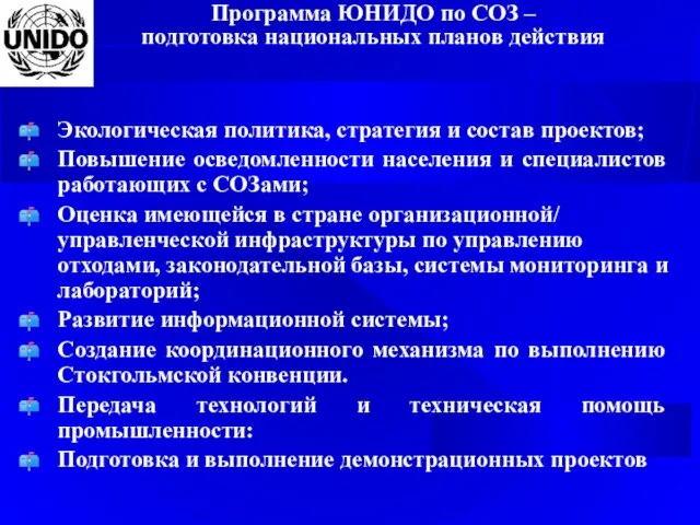 Программа ЮНИДО по СОЗ – подготовка национальных планов действия Экологическая политика, стратегия