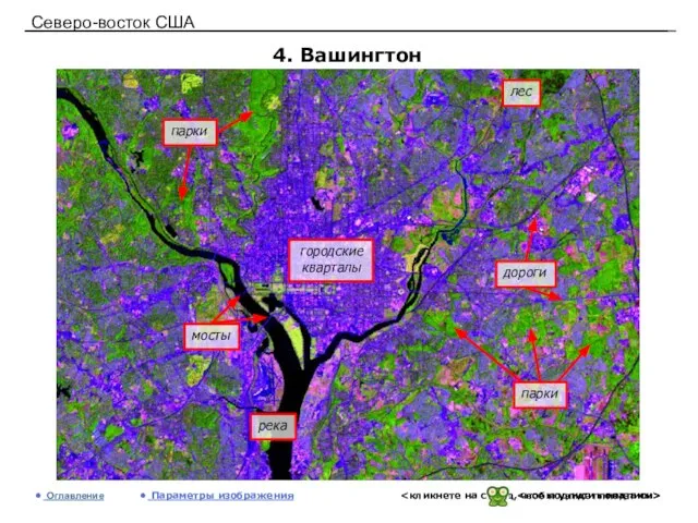 Северо-восток США 4. Вашингтон Оглавление Параметры изображения лес городские кварталы река