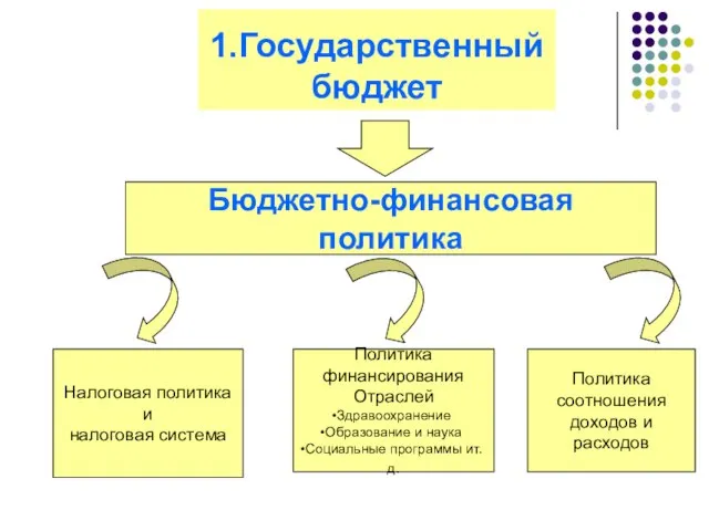 1.Государственный бюджет Бюджетно-финансовая политика Налоговая политика и налоговая система Политика финансирования Отраслей