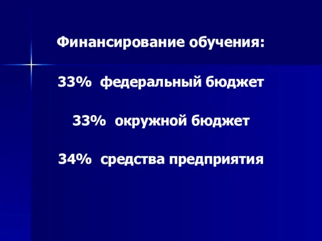 Финансирование обучения: 33% федеральный бюджет 33% окружной бюджет 34% средства предприятия