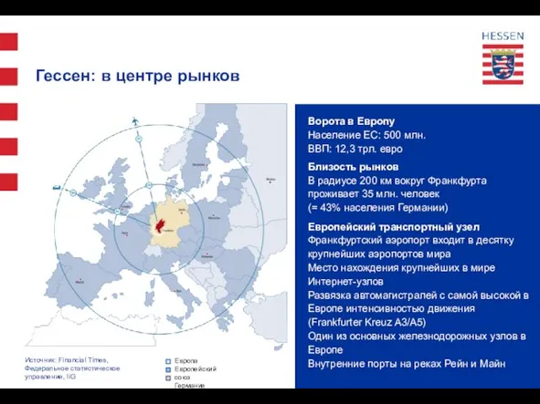 Гессен: в центре рынков Ворота в Европу Население ЕС: 500 млн. ВВП: