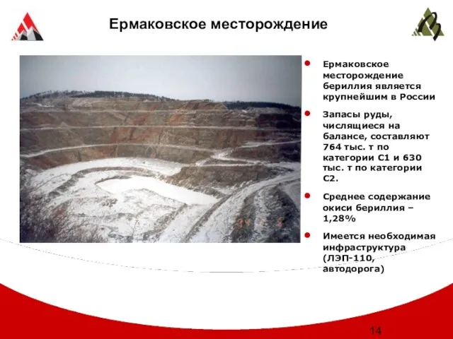 Ермаковское месторождение Ермаковское месторождение бериллия является крупнейшим в России Запасы руды, числящиеся