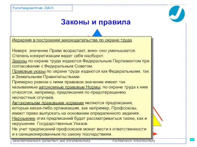 Geschäftsbereich Sicherheit und Strahlenschutz Fachbereich Arbeitsschutz Forschungszentrum Jülich Законы и правила Правовое