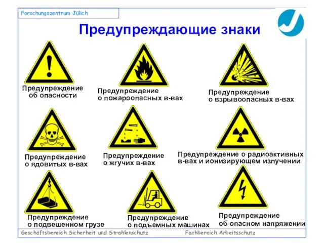 Geschäftsbereich Sicherheit und Strahlenschutz Fachbereich Arbeitsschutz Forschungszentrum Jülich Предупреждающие знаки Предупреждение об