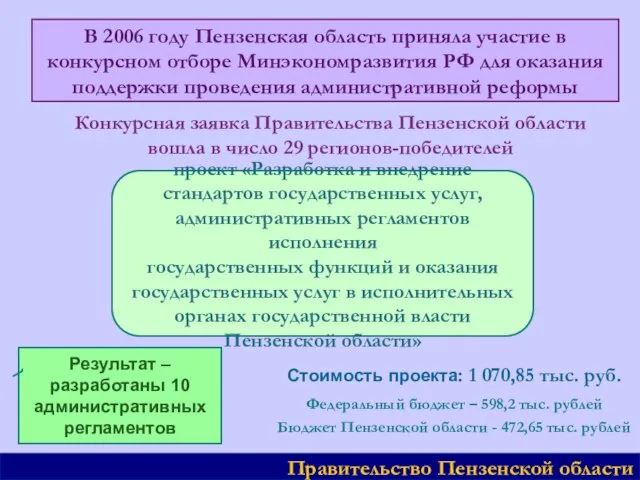 Правительство Пензенской области проект «Разработка и внедрение стандартов государственных услуг, административных регламентов