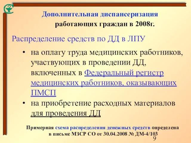 Дополнительная диспансеризация работающих граждан в 2008г. Распределение средств по ДД в ЛПУ