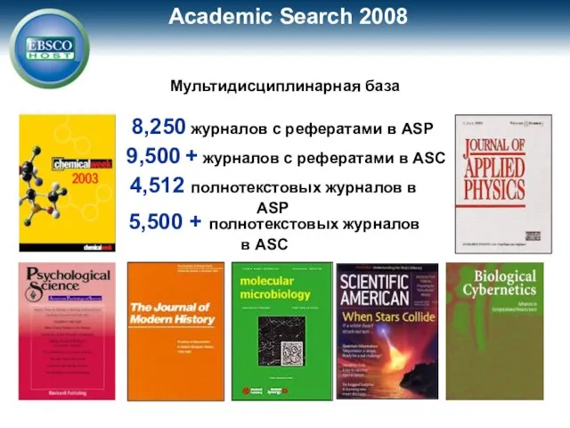 Journals in full text (Most with PDF’s) Academic Search 2008 8,250 журналов