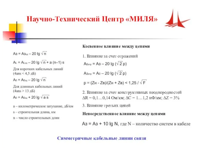 Научно-Технический Центр «МИЛЯ» Симметричные кабельные линии связи 1. Влияние за счет отражений