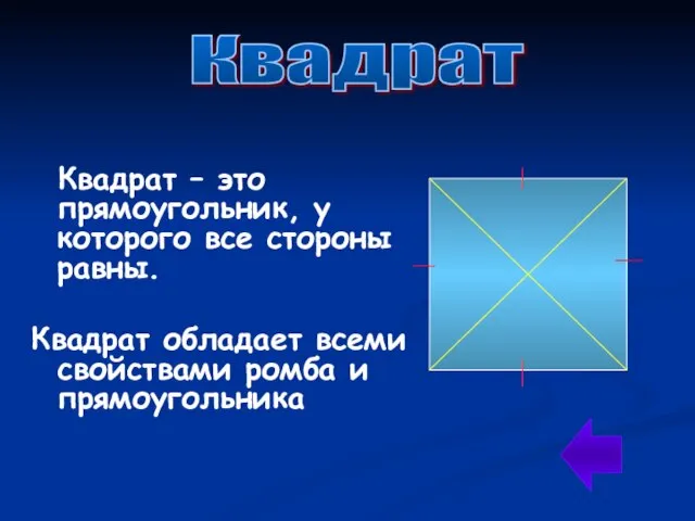 Квадрат – это прямоугольник, у которого все стороны равны. Квадрат обладает всеми