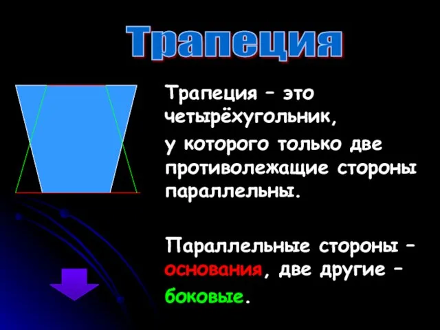 Трапеция – это четырёхугольник, у которого только две противолежащие стороны параллельны. Параллельные