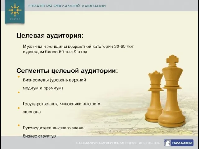 Целевая аудитория: Мужчины и женщины возрастной категории 30-60 лет с доходом более