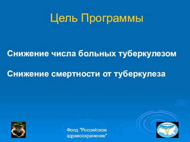 Фонд "Российское здравоохранение" Цель Программы Снижение числа больных туберкулезом Снижение смертности от туберкулеза