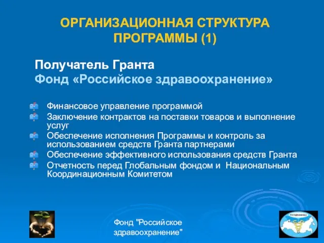 Фонд "Российское здравоохранение" ОРГАНИЗАЦИОННАЯ СТРУКТУРА ПРОГРАММЫ (1) Получатель Гранта Фонд «Российское здравоохранение»