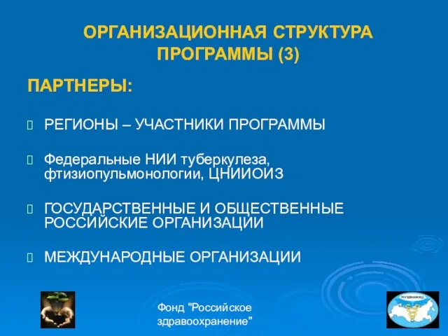Фонд "Российское здравоохранение" ОРГАНИЗАЦИОННАЯ СТРУКТУРА ПРОГРАММЫ (3) ПАРТНЕРЫ: РЕГИОНЫ – УЧАСТНИКИ ПРОГРАММЫ