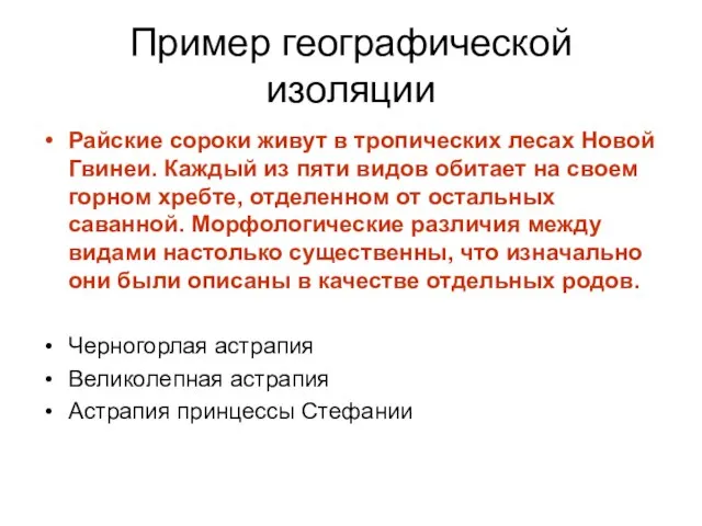 Пример географической изоляции Райские сороки живут в тропических лесах Новой Гвинеи. Каждый