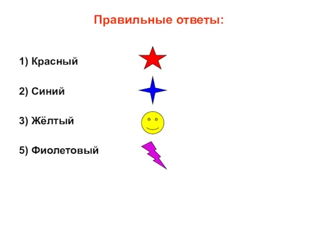 Правильные ответы: 1) Красный 2) Синий 3) Жёлтый 5) Фиолетовый