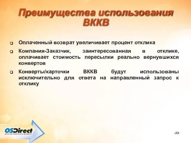 -- Преимущества использования ВККВ Оплаченный возврат увеличивает процент отклика Компания-Заказчик, заинтересованная в