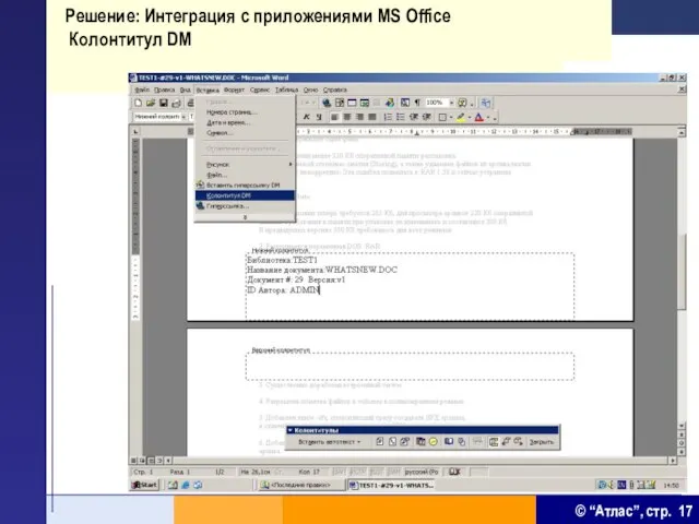 Решение: Интеграция с приложениями MS Office Колонтитул DM
