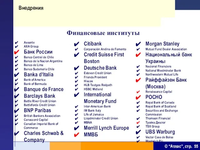 Внедрения Финансовые институты Assante AXA Group Банк России Banco Central de Chile