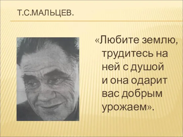 Т.С.МАЛЬЦЕВ. «Любите землю, трудитесь на ней с душой и она одарит вас добрым урожаем».