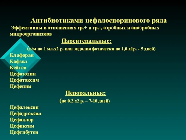 Антибиотиками цефалоспоринового ряда Эффективны в отношениях гр.+ и гр.-, аэробных и анаэробных