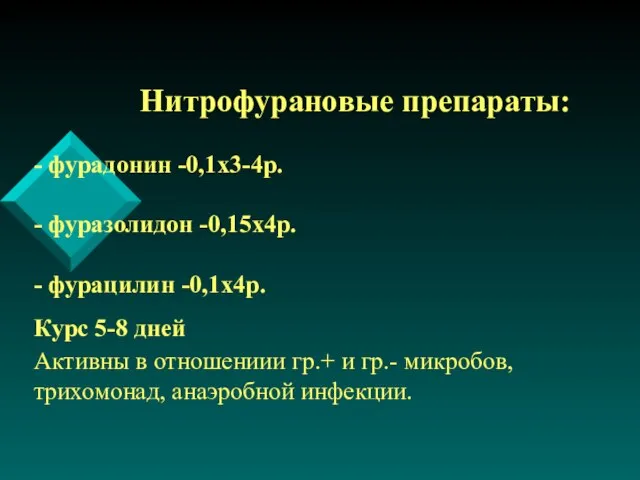 Нитрофурановые препараты: - фурадонин -0,1х3-4р. - фуразолидон -0,15х4р. - фурацилин -0,1х4р. Курс