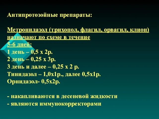 Антипротозойные препараты: Метронидазол (трихопол, флагил, орвагил, клион) назначают по схеме в течение